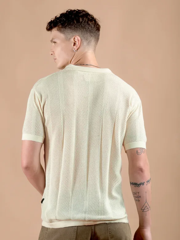 Cream Half-Sleeves Knitted Mens Shirt